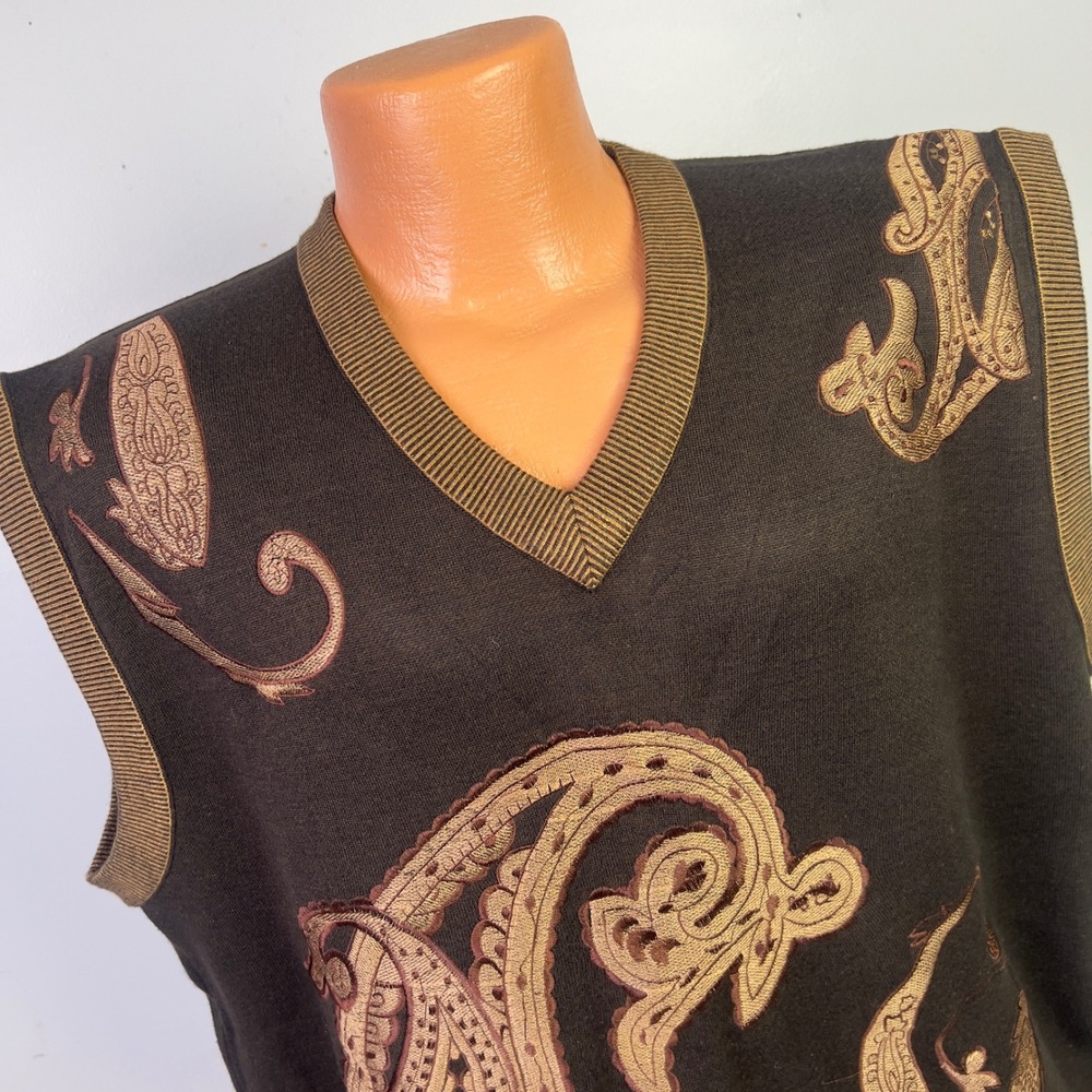 Y2K Mens 1X Sweater Vest Brown Paisley Embroidered Hip Hop Royal Prestige